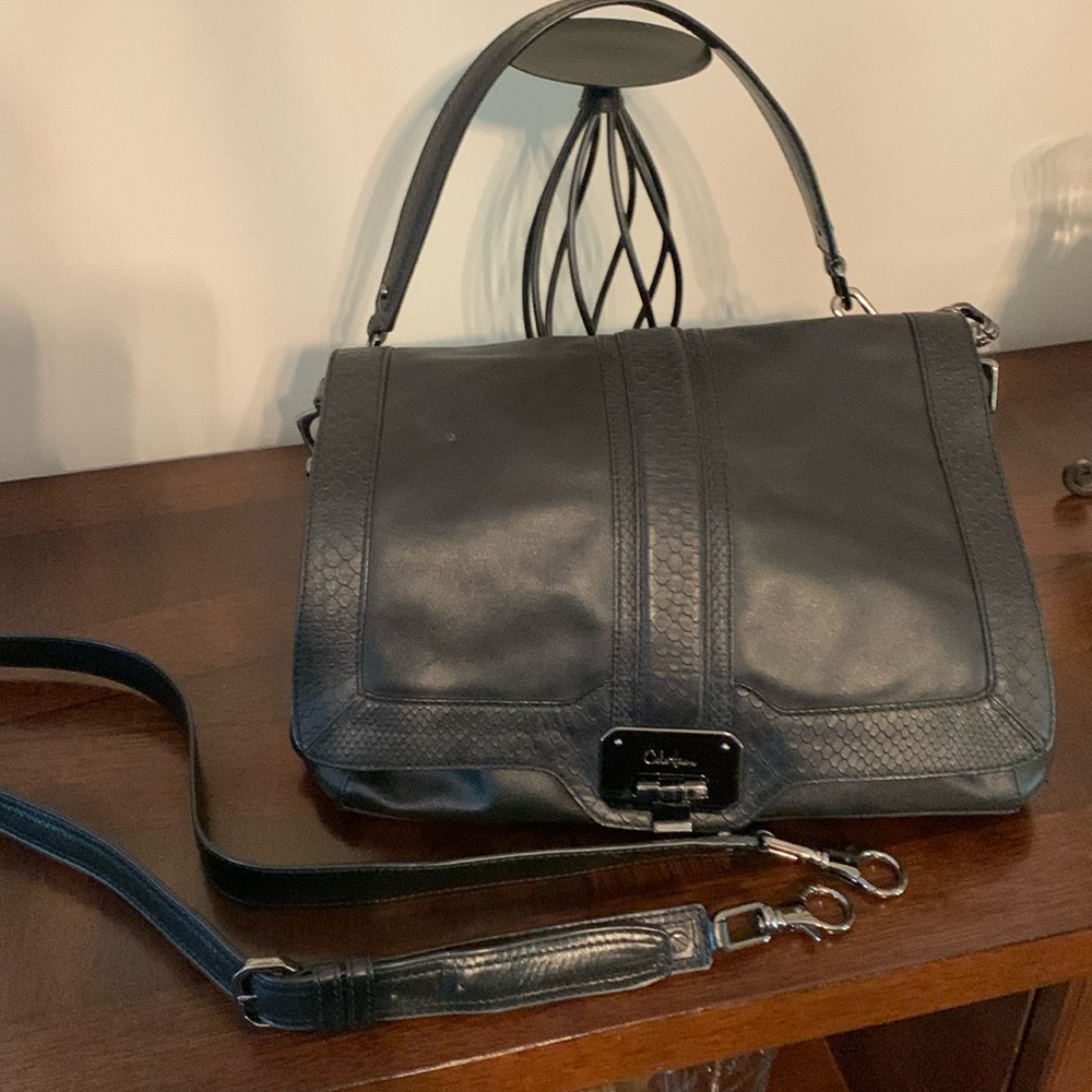 Cole Haan Black Pebble Leather Chain Flap Shoulder Bag Purse Medium Large